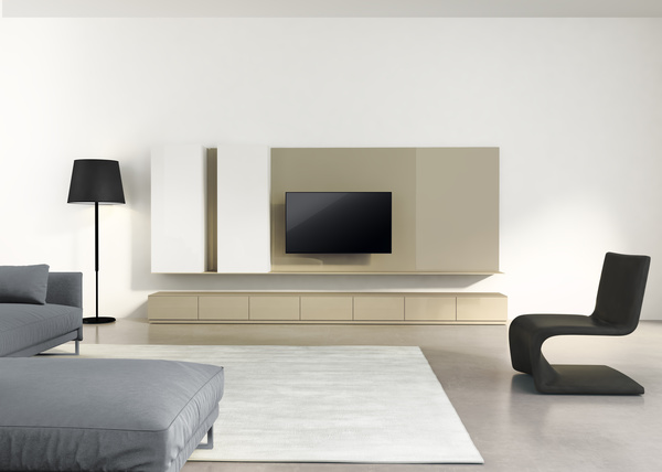 Modern living room with wall TV seating Stock Photo