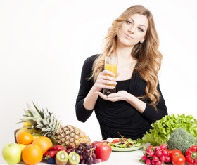 Nutrition Healthy woman with vegetables and vegetable juice in hand 01