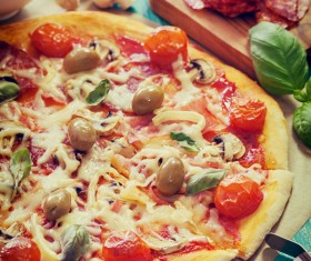 Olive Tomato Delicious Pizza Stock Photo