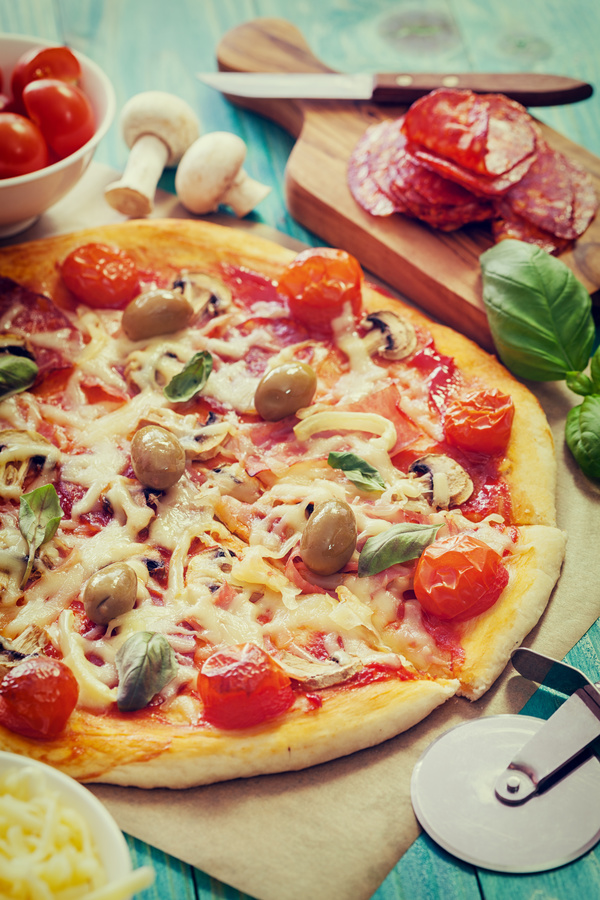 Olive Tomato Delicious Pizza Stock Photo