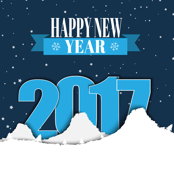 Paper snow mountains with 2017 new year background vector 02