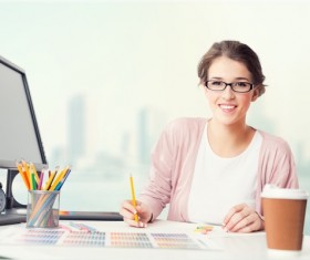 Pencil box computer coffee female designer Stock Photo
