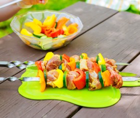 Production of vegetables skewers Stock Photo
