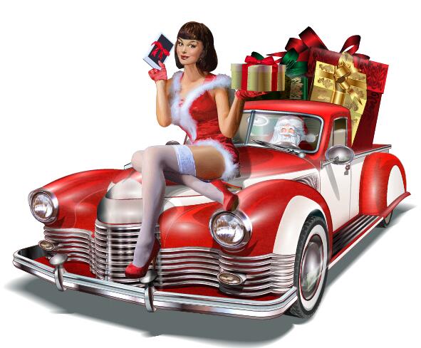 Red car with beautiful christmas girl vector