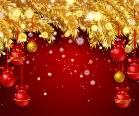 Red christmas background with golden pine needles vector 01