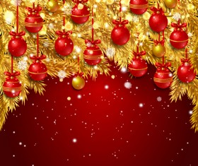 Red christmas background with golden pine needles vector 02