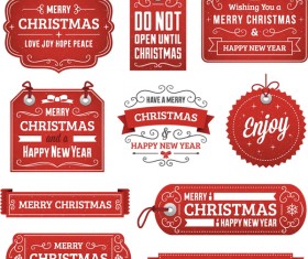Red christmas labels with banners and tags vector