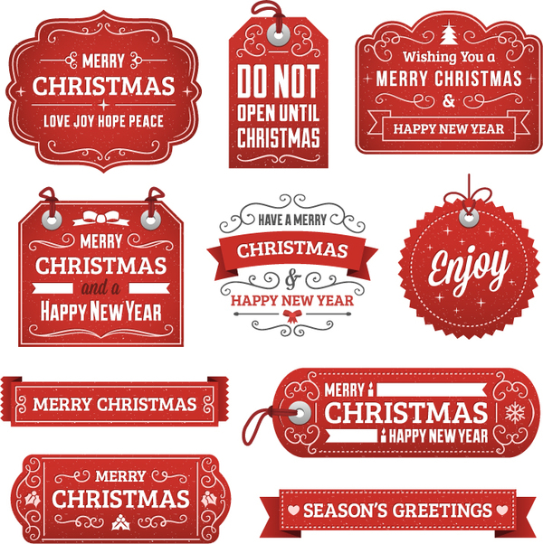 Red christmas labels with banners and tags vector