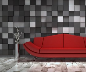 Red sofa with black and white cell wall background HD picture