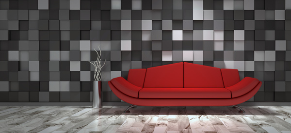 Red sofa with black and white cell wall background HD picture