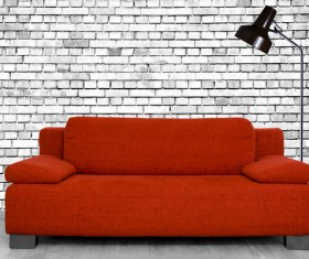 Red sofa with white brick wall HD picture