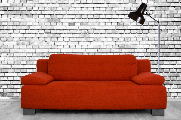 Red sofa with white brick wall HD picture