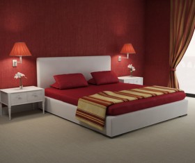 Red wall chic bedroom with red wall lamp HD picture