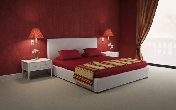 Red wall chic bedroom with red wall lamp HD picture