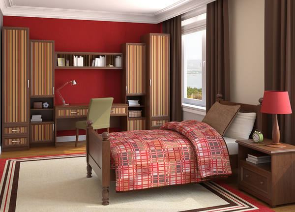 Red wall striped combination cabinet with comfortable beds