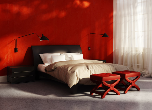Red walls chic bedroom HD picture