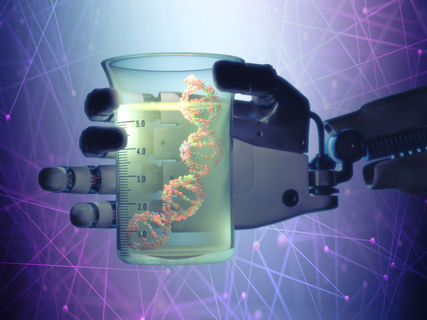 Robotic hand and DNA experiment cup Stock Photo
