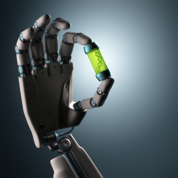 Robotic hand with DNA bottle Stock Photo