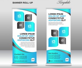 Roll up banner stand template blue styles vector 01