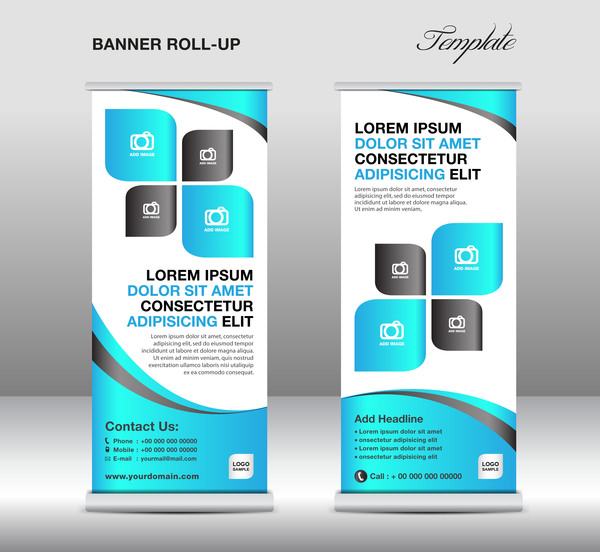 Roll up banner stand template blue styles vector 01
