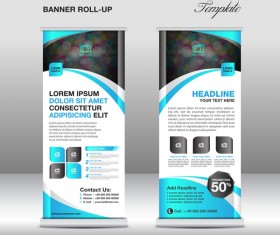 Roll up banner stand template blue styles vector 02