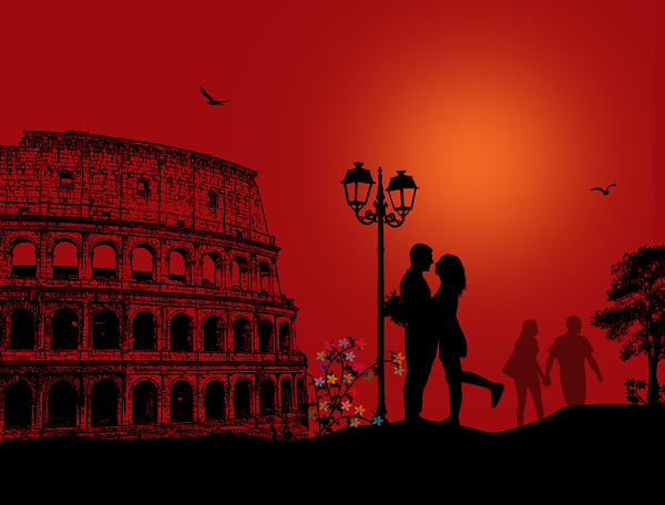 Rome sunset with romantic couple travel vectors 01