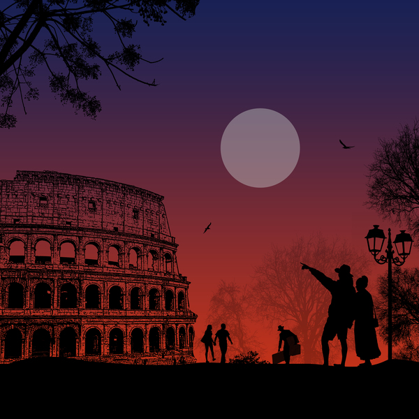 Rome sunset with romantic couple travel vectors 04