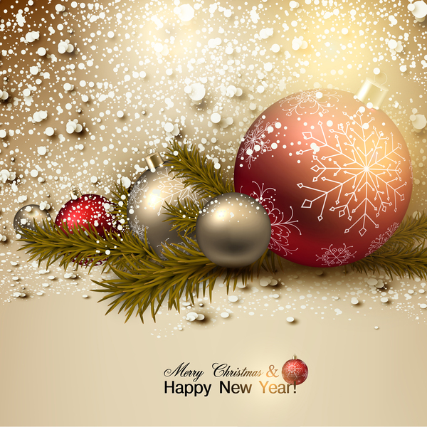 Shiny new year card with christmas baubles vector