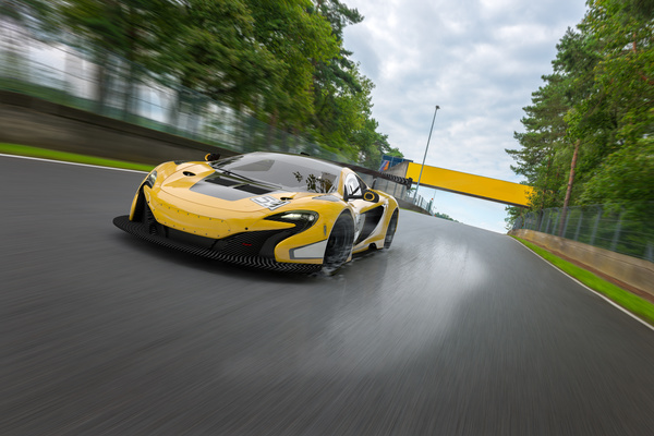 Speeding the yellow car Stock Photo