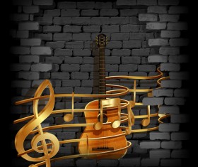Stone brick wall frame guitar music background vector