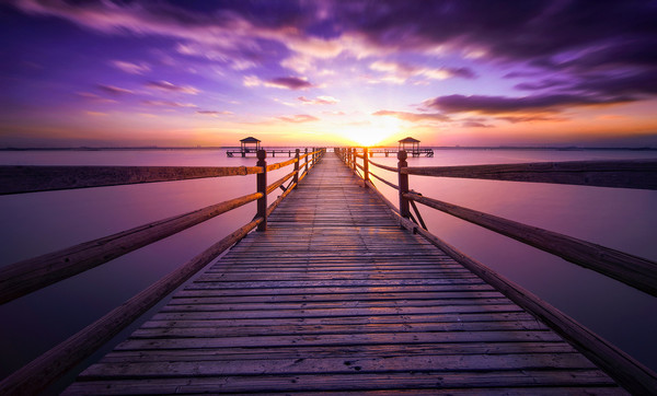 Sunset wooden bridge HD picture