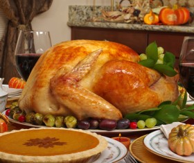 Thanksgiving pumpkin pie with roast turkey Stock Photo