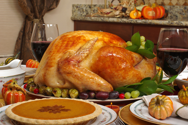 Thanksgiving pumpkin pie with roast turkey Stock Photo