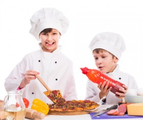 The children in the chef's uniform make food