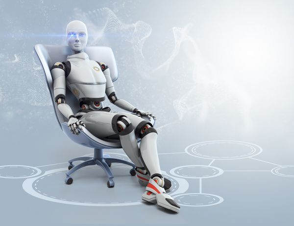 The robot sits on the couch Stock Photo