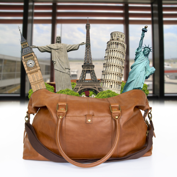 Travel the world monuments bag concept Stock Photo 01
