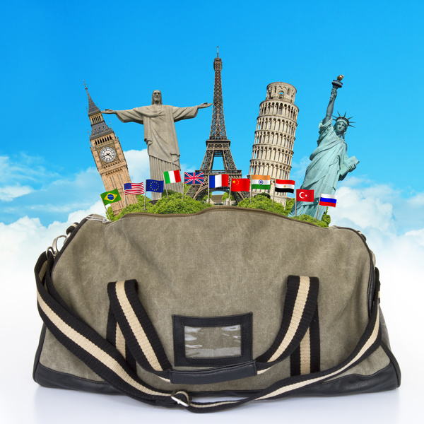Travel the world monuments bag concept Stock Photo 02