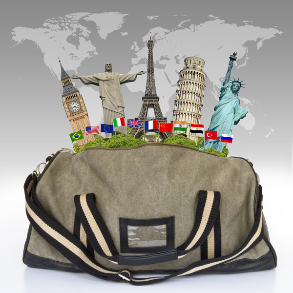 Travel the world monuments bag concept Stock Photo 03