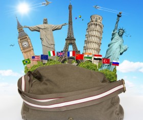 Travel the world monuments bag concept Stock Photo 04