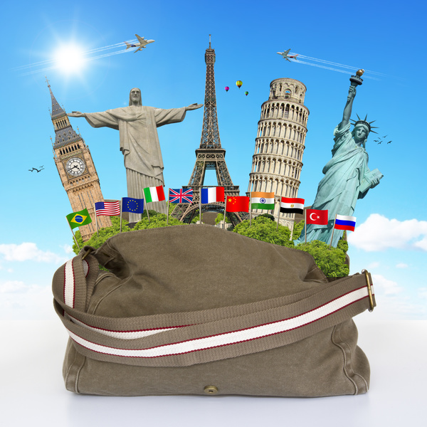 Travel the world monuments bag concept Stock Photo 04