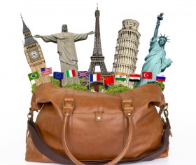 Travel the world monuments bag concept Stock Photo 06