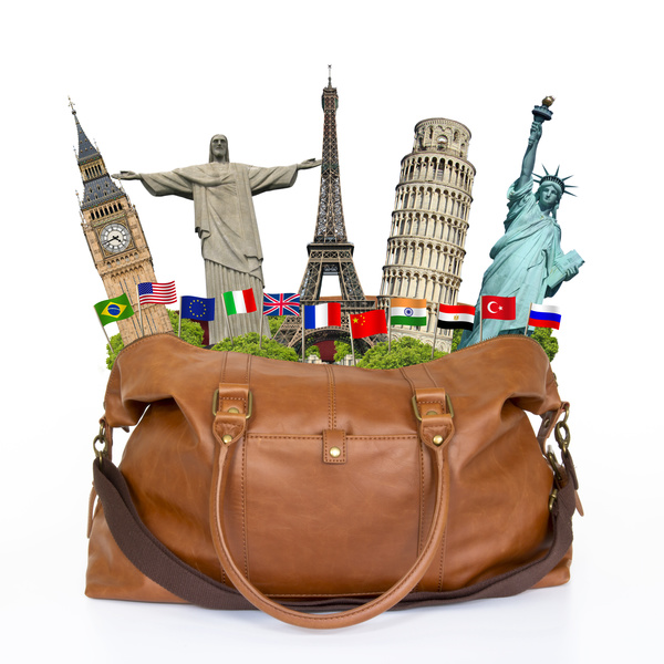 Travel the world monuments bag concept Stock Photo 06