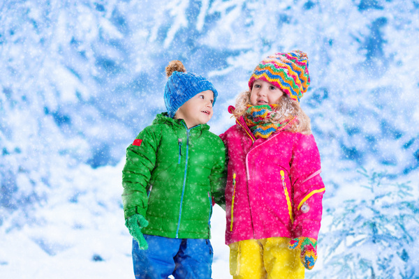 Two children outdoors in winter Stock Photo