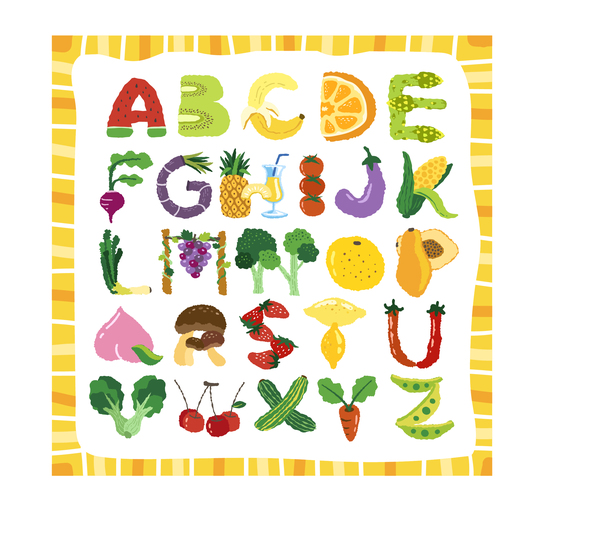 Vagetables with fruits alphabets vectors material