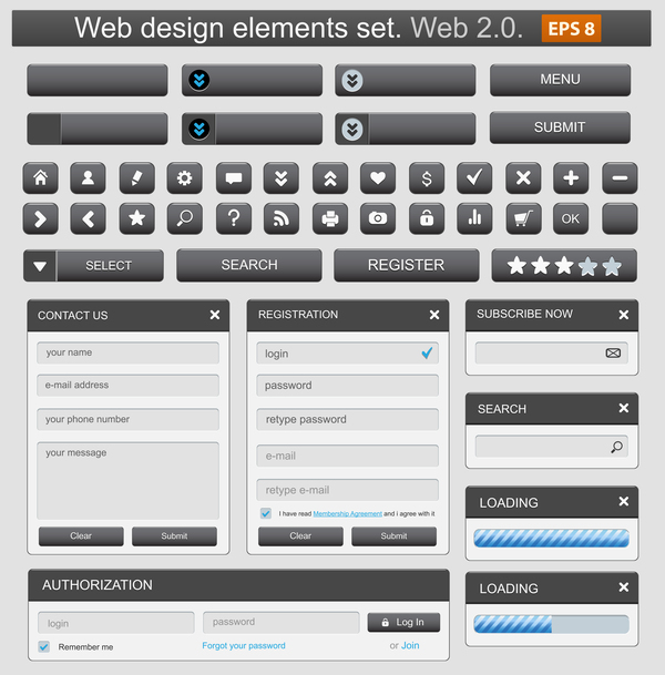 Web design elemets black styles vector 01