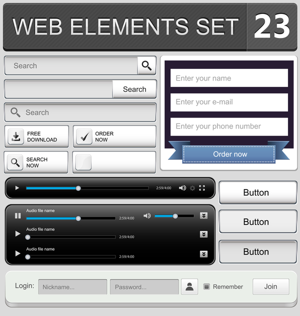 Web elements with button vector material set 16