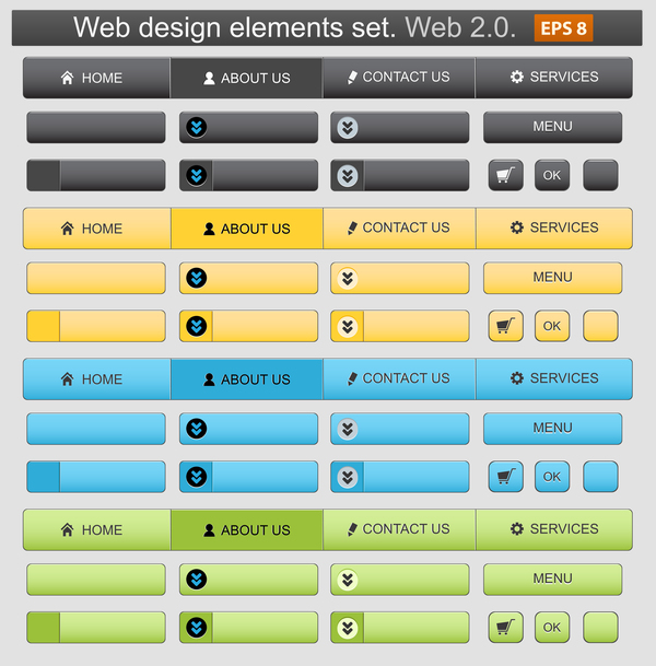 Web menu elements with button set vector
