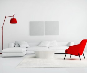 White living room with red sofa and red living room lamp