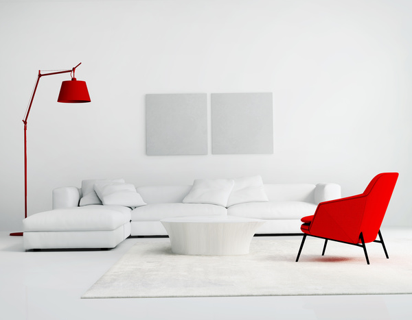 White living room with red sofa and red living room lamp