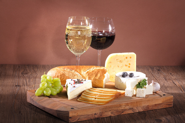 Wine Dark red background with bread cheese